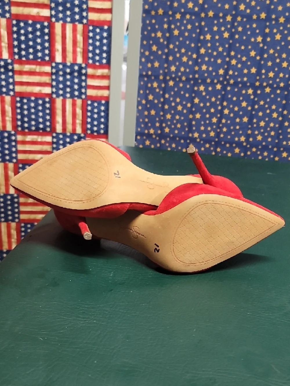 Red Suede Pointed-Toe Ankle-Strap Heels with Gold Chain - Picture 3 of 4
